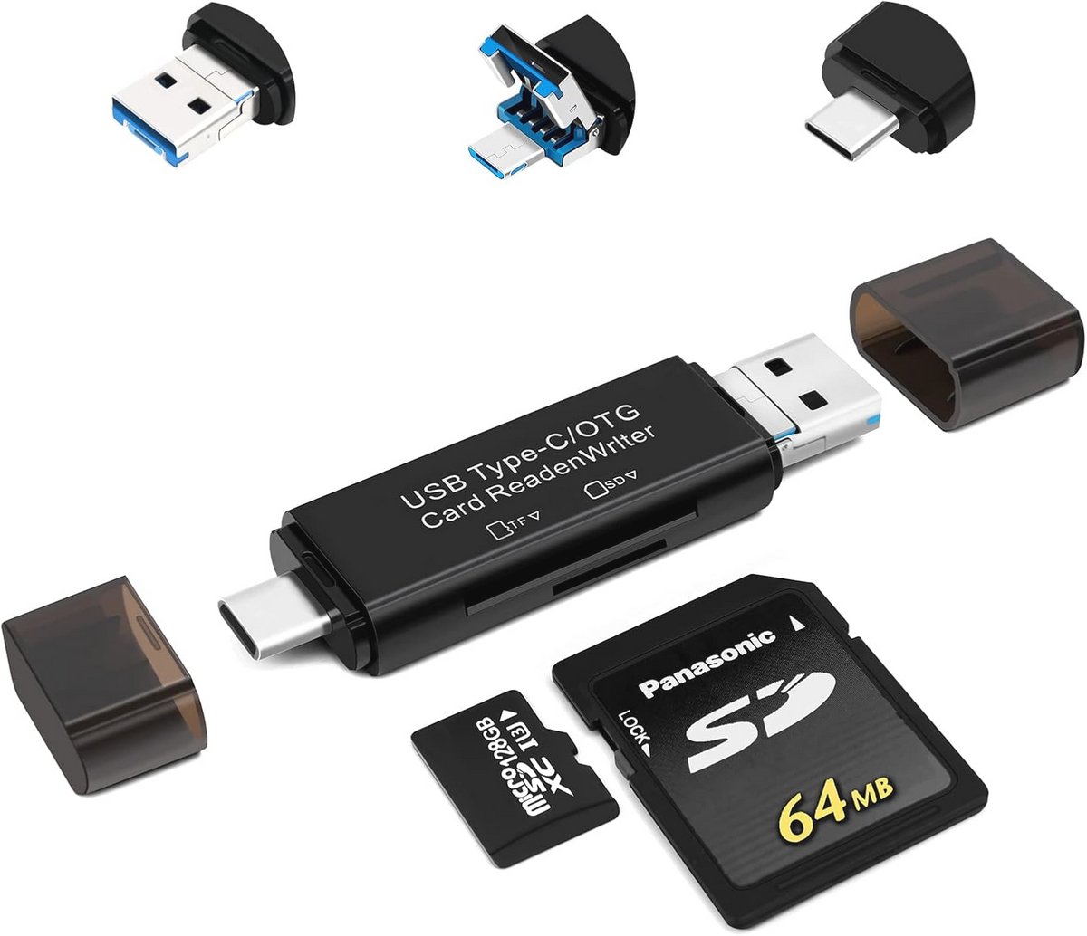 5-in-1 Draagbare Micro SD Kaartlezer met USB C, USB 2.0 en OTG Adapter