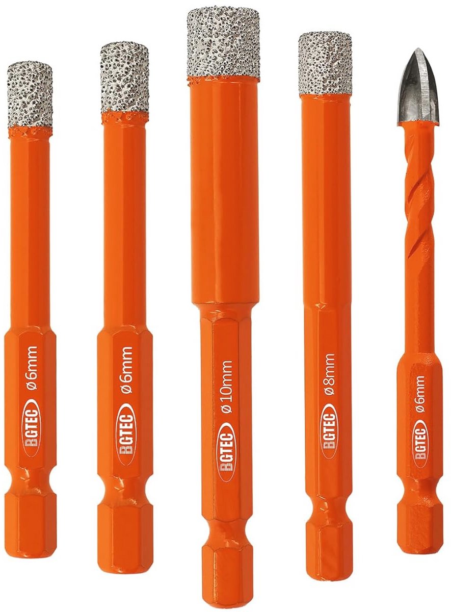 Droge Diamantboren Set voor Tegels 6/6/8/10mm met Quick Change Hex Shank en Carbide Boor