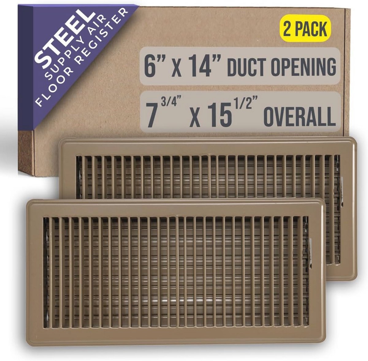 2-Pack 6" x 14" Vloerregister met Lamelontwerp - Heavy Duty Ontwerp met Demper - Vloerventilatierooster met Verstelbare Luchttoevoer - Bruin