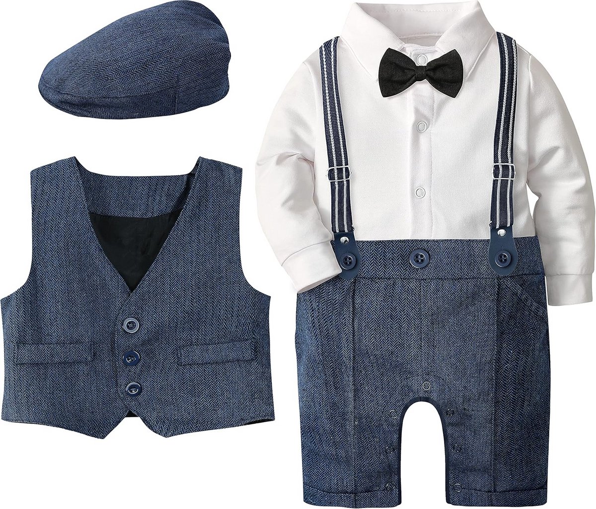 Schattige Baby Jongen Outfit – Romper met Strik, Vest en Pantalon – 3-18 Maanden Feestkleding