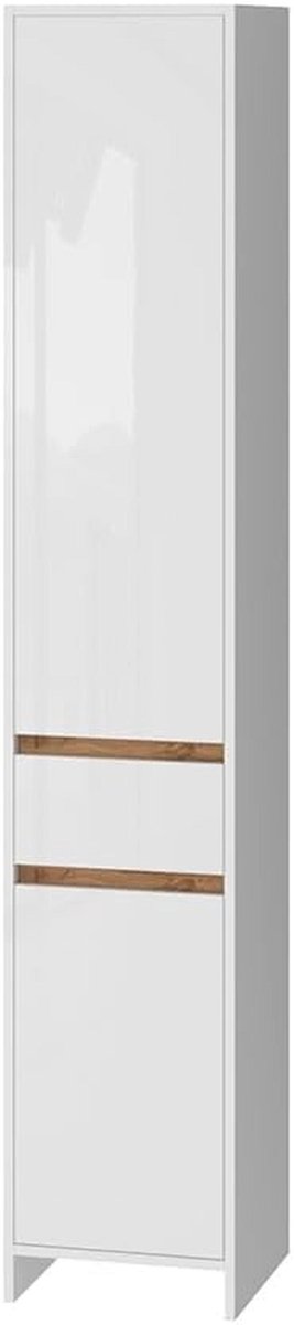 Moderne hoge badkamerkast met 2 deuren en lade, 35 x 190 cm in wit hoogglans en goldkraft-eiken