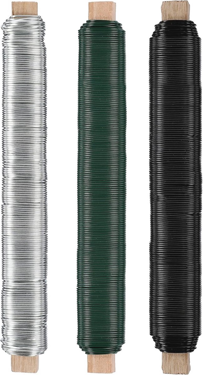 Bloemendraad knutseldraad set - 3 stuks wikkeldraad 0,65 mm x 38 m - Groen Zilver Zwart