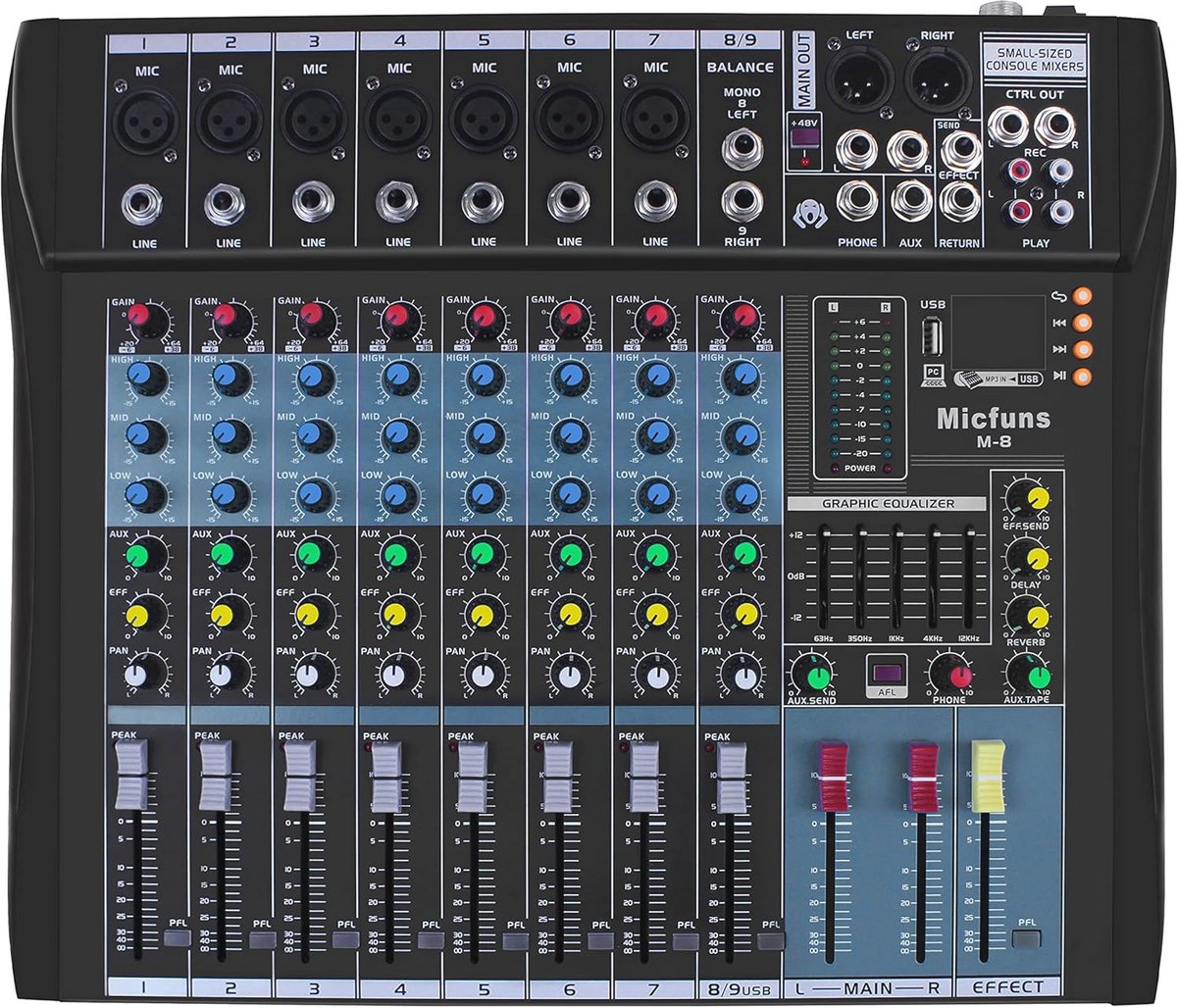 Professioneel Live Mengpaneel met 8 Kanalen en Bluetooth - Digitale Audio Mixer met USB en Opnamecapaciteit