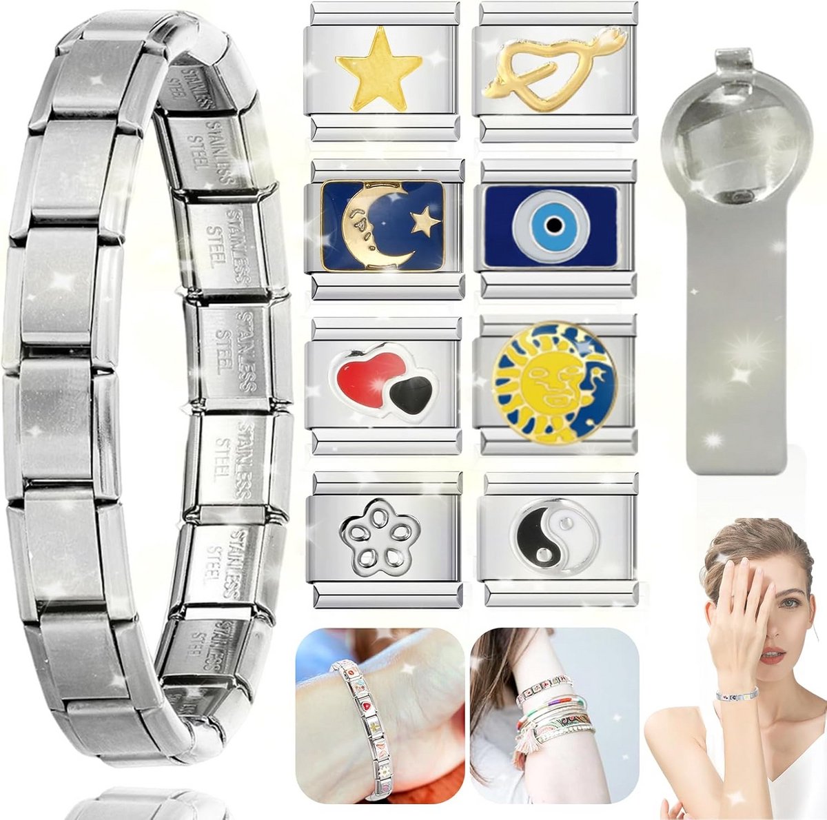 10 Stuks Italiaanse Charm Armband - Verstelbare Bedelarmband voor Vrouwen - Afneembare Roestvrijstalen Bedels