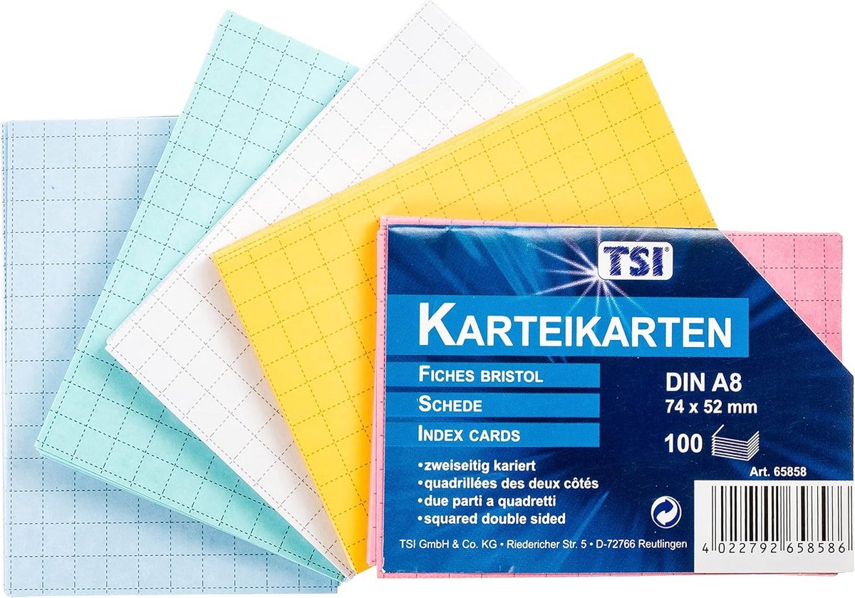 Kleur gesorteerde indexkaarten DIN A8 - 100 stuks - Dubbelzijdig geruit
