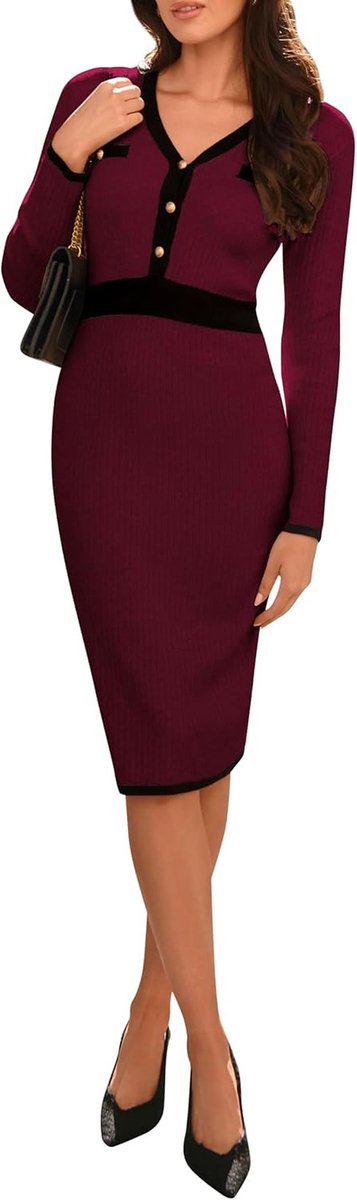 Damesgebreide jurk met V-hals en lange mouwen voor herfst en winter