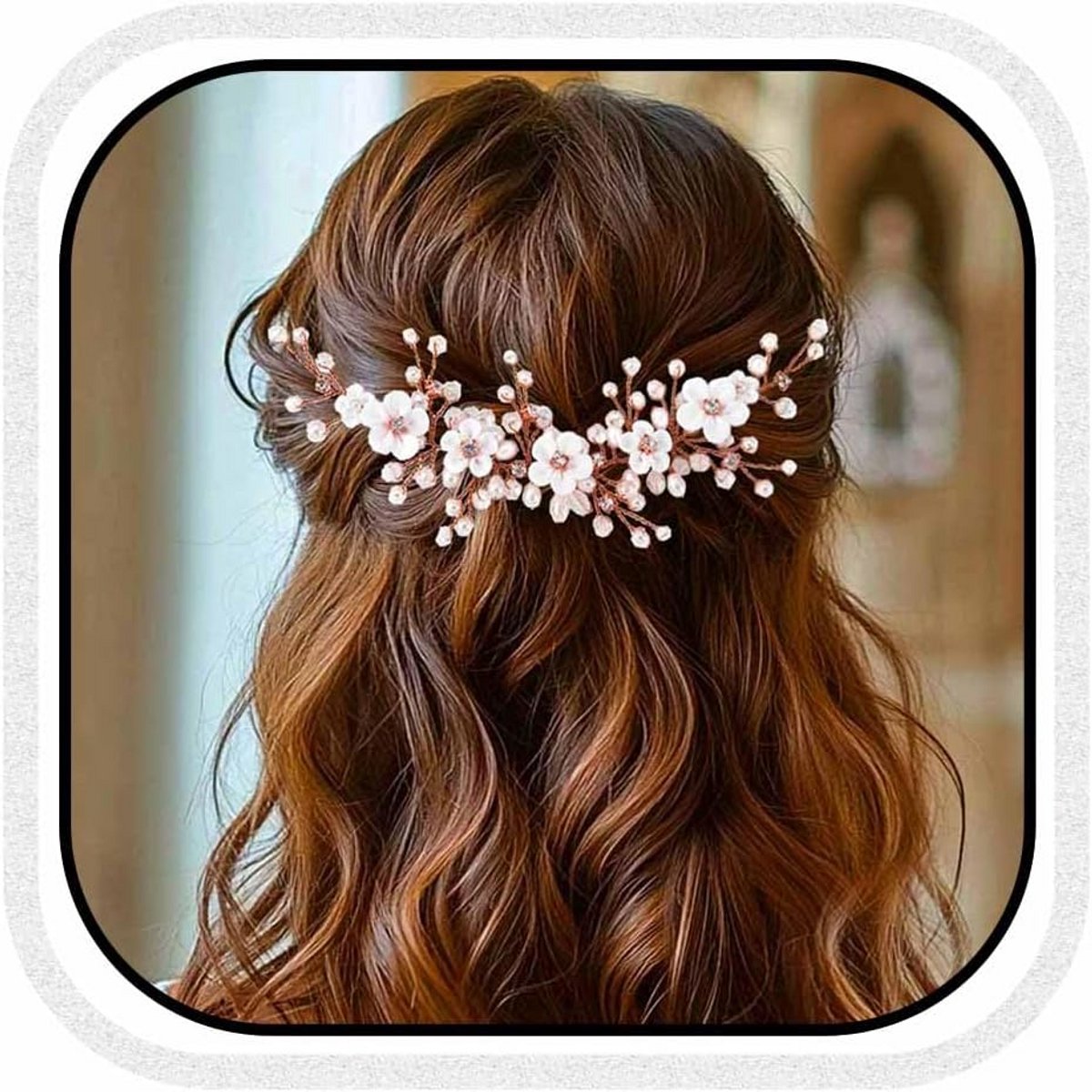 Haaraccessoire voor bruiloft - Gebloemd haarstuk met parels in rosé goud