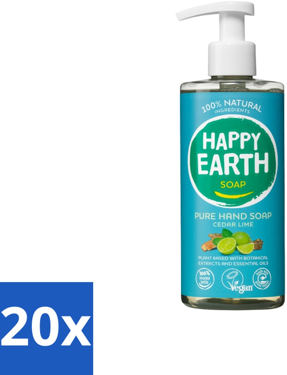 Happy Earth – Handzeep – 100% Natuurlijk Cedar Lime – 300 ml - Bulkverpakking - 20 stuks