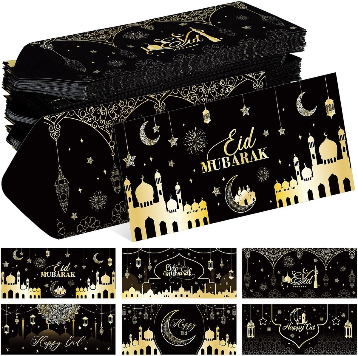 150 Luxe Eid Mubarak Geld Enveloppen voor Ramadan Cadeau - Zwart & Goud