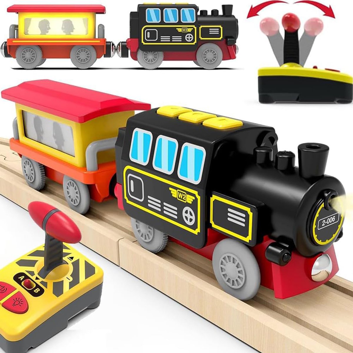 Gemotoriseerde houten trein - Trein met afstandsbediening en magnetische verbinding - Elektrische locomotief trein op batterijen voor peuters - Compatibel met houten rails