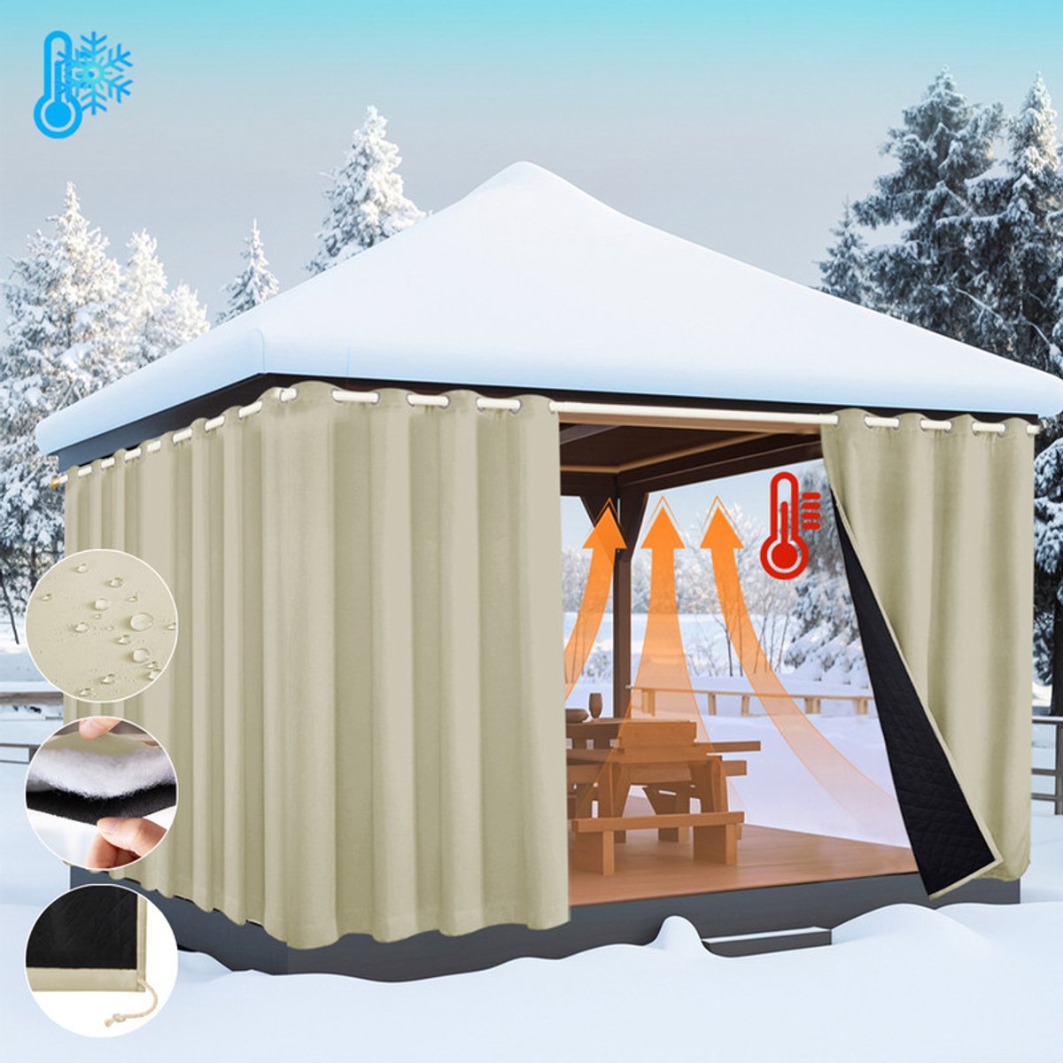 MUPOO Waterdicht Winddicht Deurgordijn - Thermisch Isolerend 405gsm - Verduisterend - Warmte & Koudwerend - Oogjes & Stangzak - Gewatteerd - voor Lakeside Cottages, Balkon, Thuis, Pergola(Beige, B132xH244cm)
