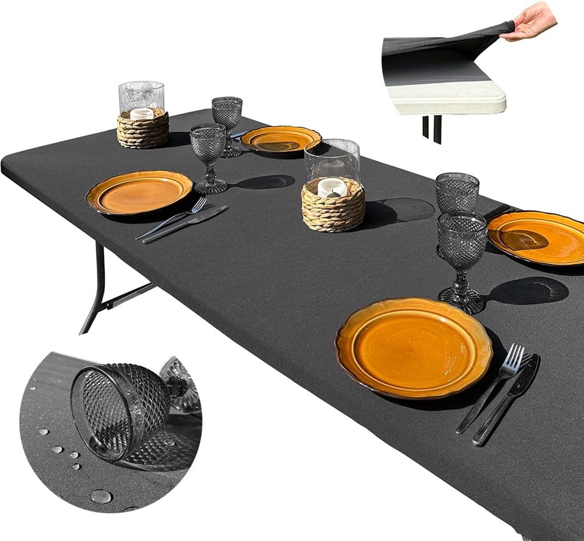 Waterdicht Rechthoekig Tafelkleed Zwart 182x76 cm Elastisch en Vlekbestendig voor Buiten en Camping