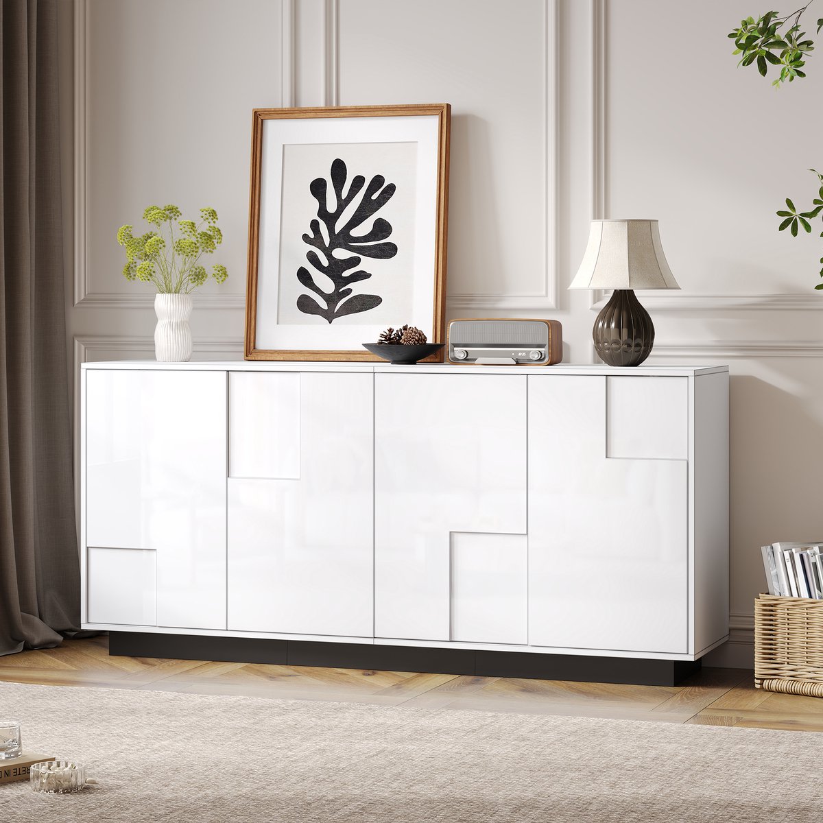 REDOM - Dressoir - Met 4 deuren - Hoogglans afwerking - 160 x 37 x 75,5 cm White + Black