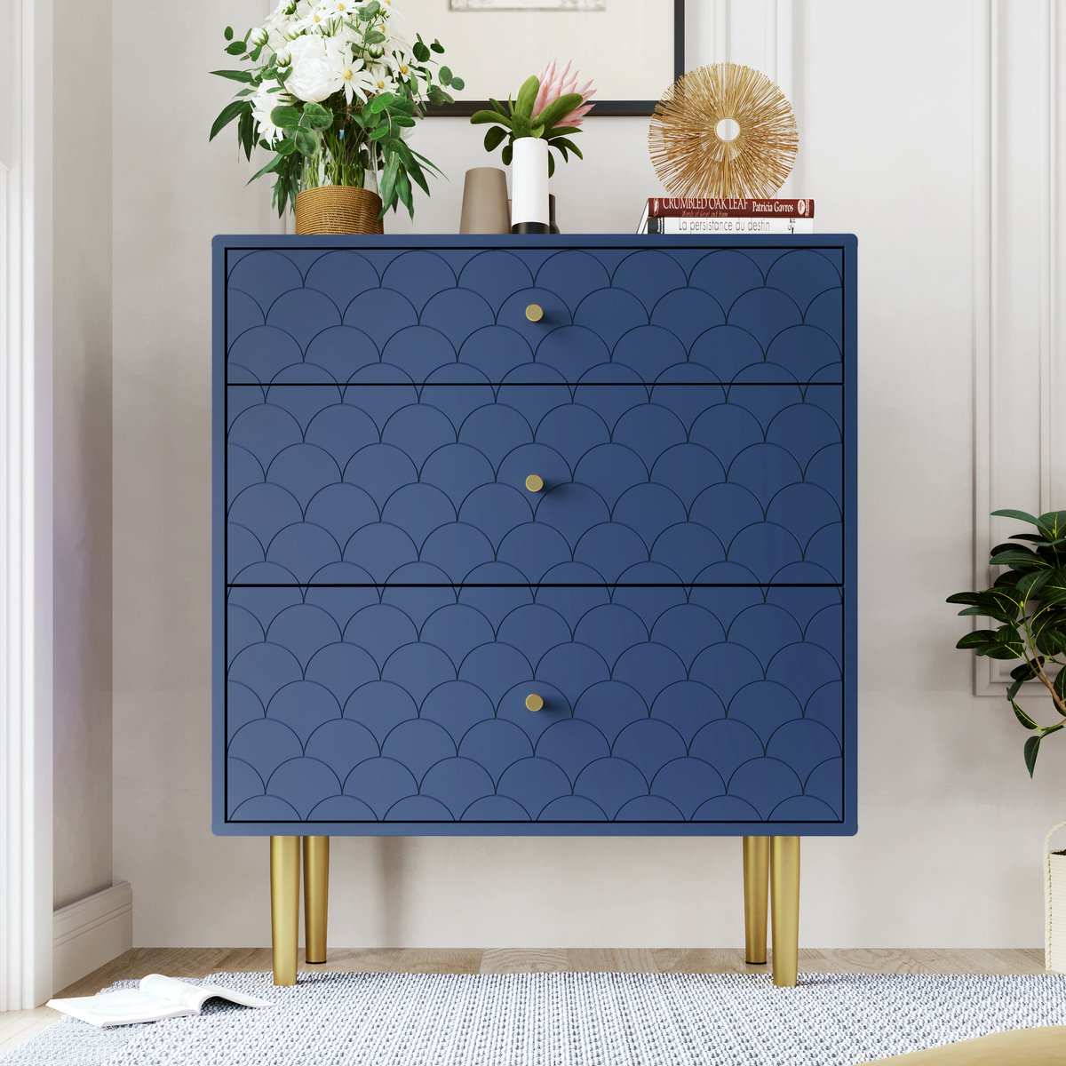 REDOM Luxe Ladekast met 3 Lades (75x40x89) - Hotel Chique Commode / Dressoir met Gouden Poten - Marineblauw