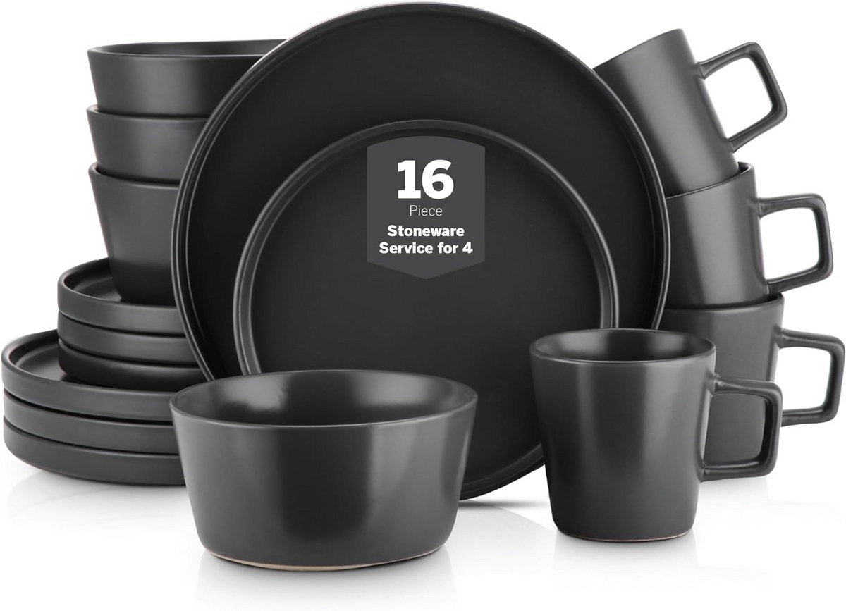 16-delige Zwarte Matte Aardewerk Servies Set voor 4 Personen