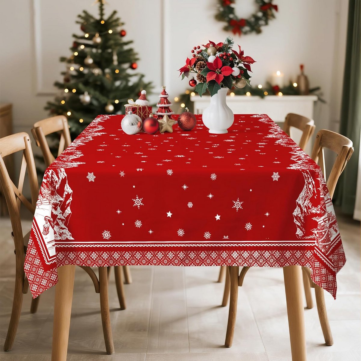 Waterdicht Kersttafelkleed voor Rechthoekige Tafels in Rood en Wit