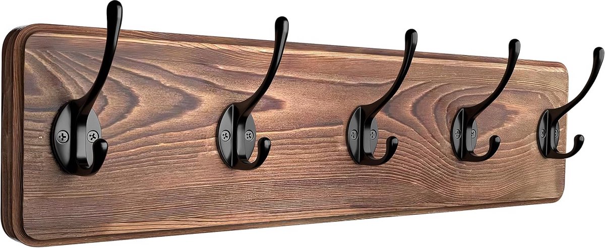 Rustieke Houten Kapstok met 5 Haken voor Wandmontage - Massief Grenenhout