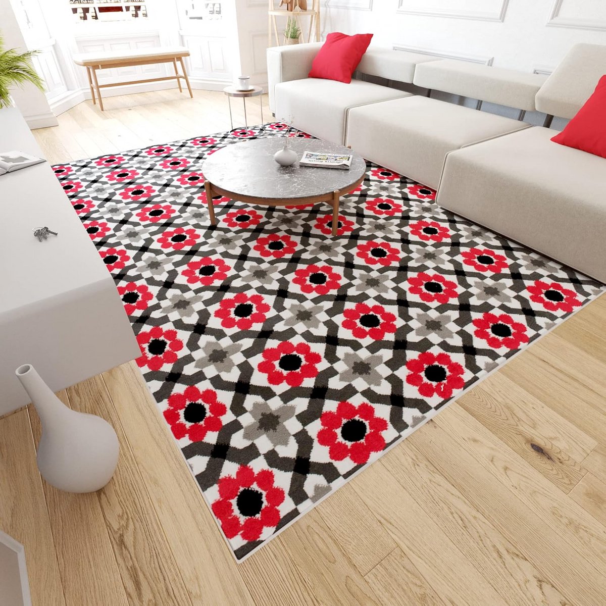 Modern Vloerkleed Grijs Rood Patroon - Kortpolig Tapijt Woonkamer Slaapkamer - Hypoallerge