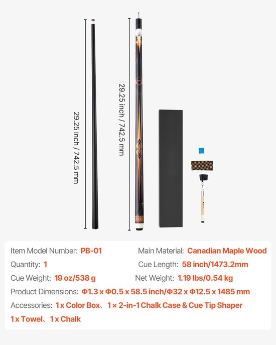 Poolkeu / Biljartkeu - 1 Stuk - 147,3 cm - 538 g - Canadees Esdoornhout - Meerlaagse Tip - ABS Verbindingsring - Voor 9-Ball Pool — afbeelding 2