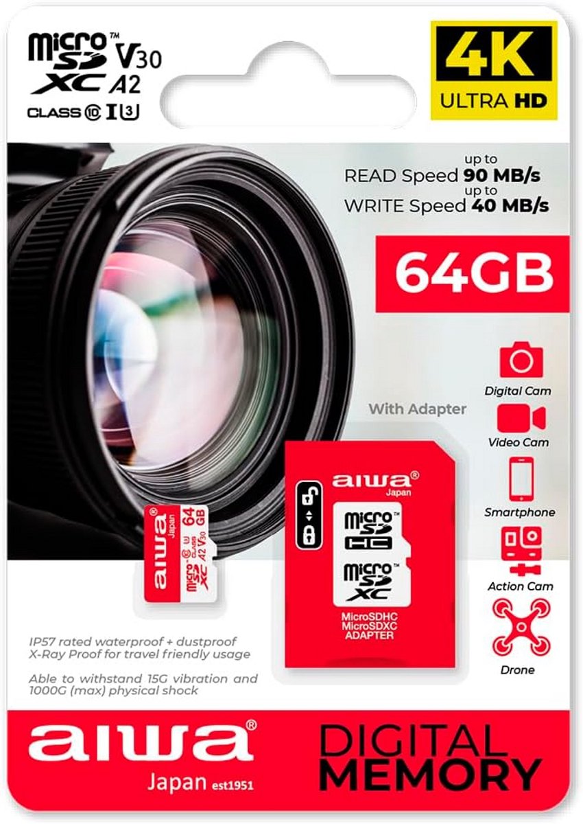 64GB MICROSDXC Geheugenkaart met Adapter - Class 10, U3, IP57, 90Mbps
