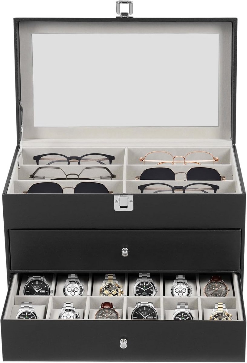 Luxe Opbergdoos voor 12 Zonnebrillen en 12 Horloges met Glazen Deksel