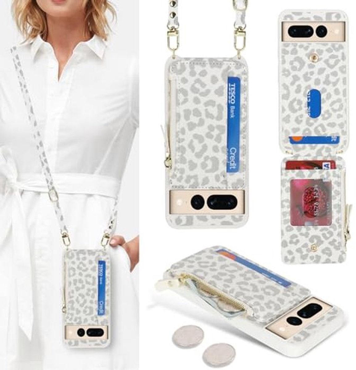Telefoontas voor Google Pixel 7 Pro met Creditcardhouder en Schouderband - Wit Luipaard