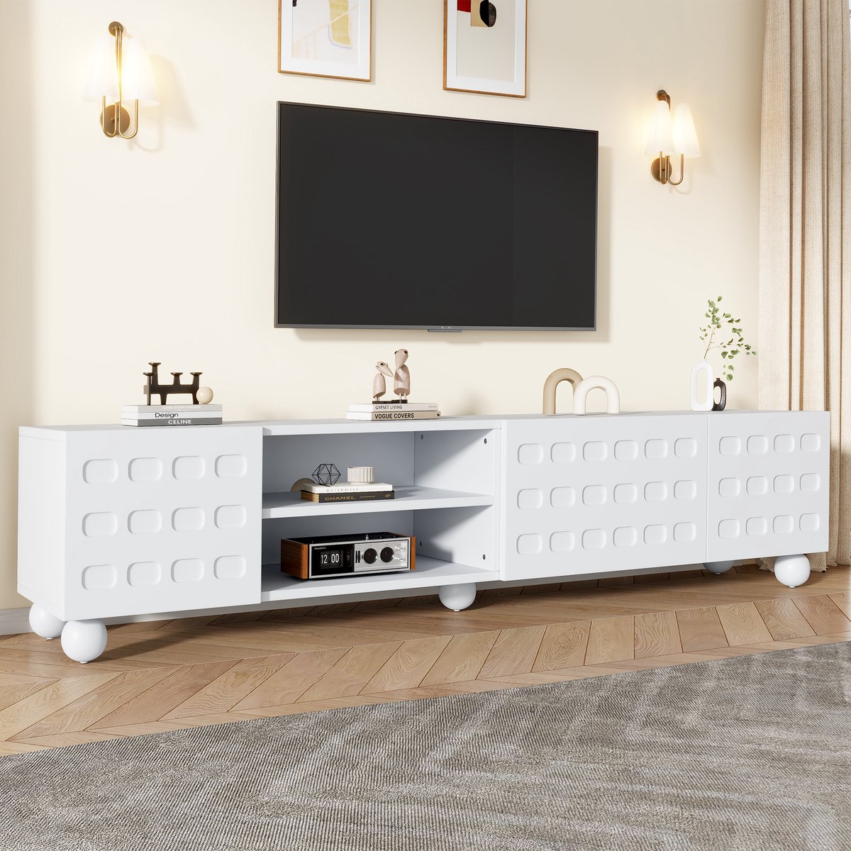 OKWISH TV-Meubel – 200×40×44 cm – 3 Deuren – 2 Halfoffene Vakken – Zonder LED – Ruime Opbe