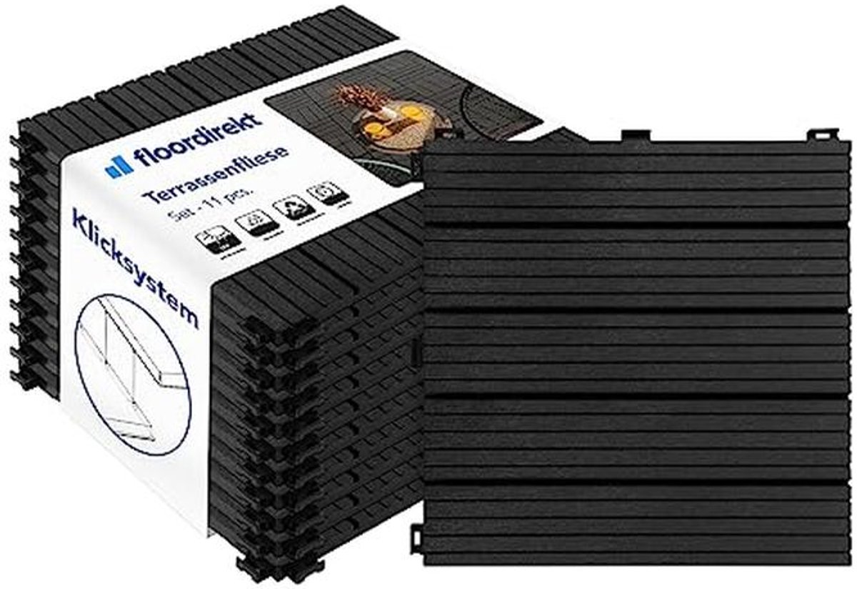 Floordirekt Claire Tiles 30 x 30 cm, 1 m² = 11 Deck Tiles, Click Tiles, Wood Look Balcony Tiles, Floor Covering for Balcony and Patio, Weatherproof, with Drainage Function, Grey