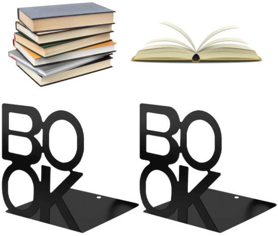 Boekensteun - 1 Paar - Metalen Boekenhouder - Boekensteun - Boekenstandaard - Uitgeholde Boekensteun - Antislip Boekensteunen - voor Thuis, Kantoor, Scholen - Zwart