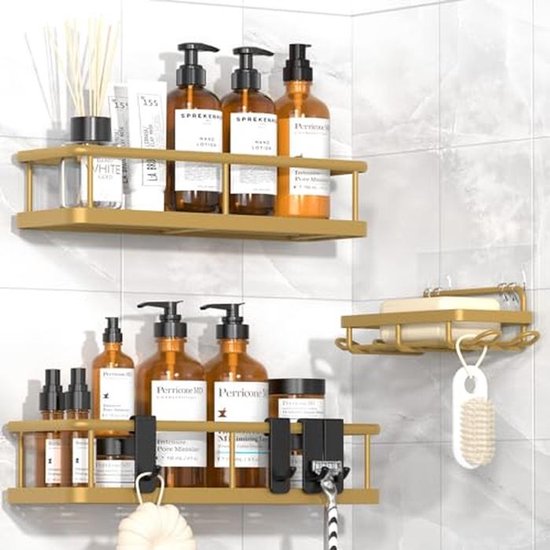 Kelelife Doucheplank om op te hangen, goud, doucheplank 0 boren van roestvrij staal SUS304, shampoo douchegelhouder voor douche