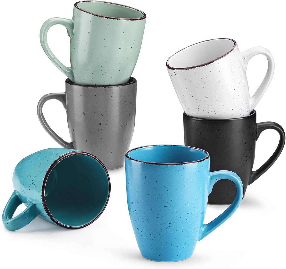 Set van 6 Grote Aardewerk Mokken - Vaatwasmachine- en Magnetronbestendig - 360 ml voor Warme Dranken - Meer Kleurige Koffiekoppen