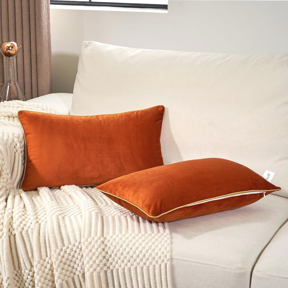 Set van 2 luxe fluwelen lendenkussenslopen - Oranjekleurige kussenslopen voor bank en slaa