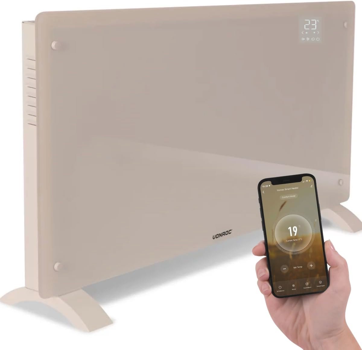 Elegante elektrische convector verwarming met glaspaneel - 1250W/2500W - Geschikt voor ruimtes tot 30 m² - Bedienbaar via app en handmatig - Instelbare thermostaat en timer