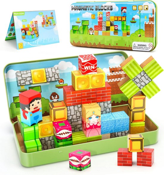 Magnetische tegels, bouwset, reisspeelgoed voor kinderen, draagbaar, reizen, mini magnetische tegels, speelgoed, magnetische bouwdoos, cadeau voor kinderen van 3 jaar (40 stuks magnetische tegels