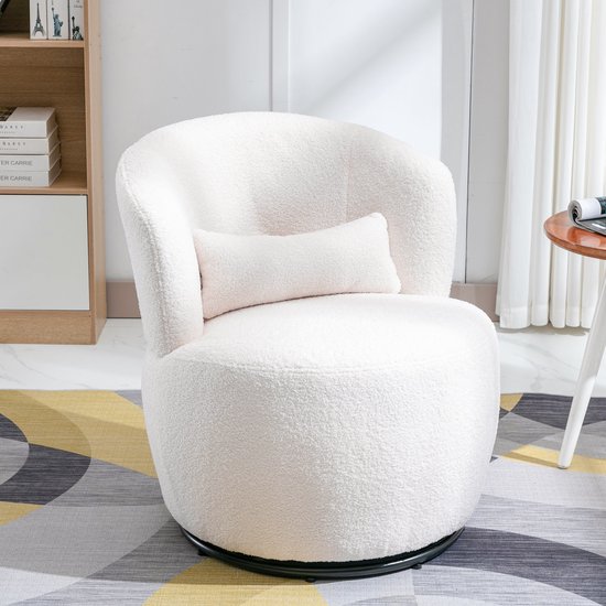 HAUSS SPOLE Fauteuil - Fauteuil Pivotant Teddy - Pivotant & Fonction Bascule - Avec Soutien Lombaire & Pied Métal 360° - 1 Place - Tissu Blanc