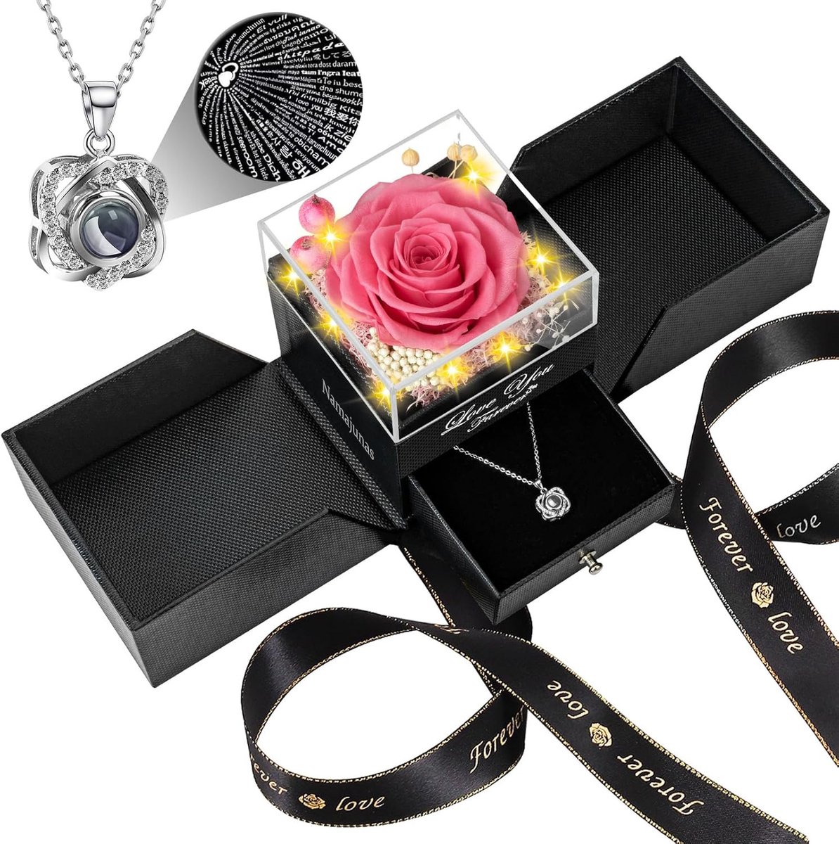 Namajunas - Roses of Eternity - Roos met Hartjes Ketting en Hanger in Sierradendoos - Luxe Geschenkdoos – Romantisch Juwelendoos Cadeau voor Vrouw, Vriendin of Moeder – Kerstcadeau, Valentijn, Verjaardag, Jubileum & Moederdag