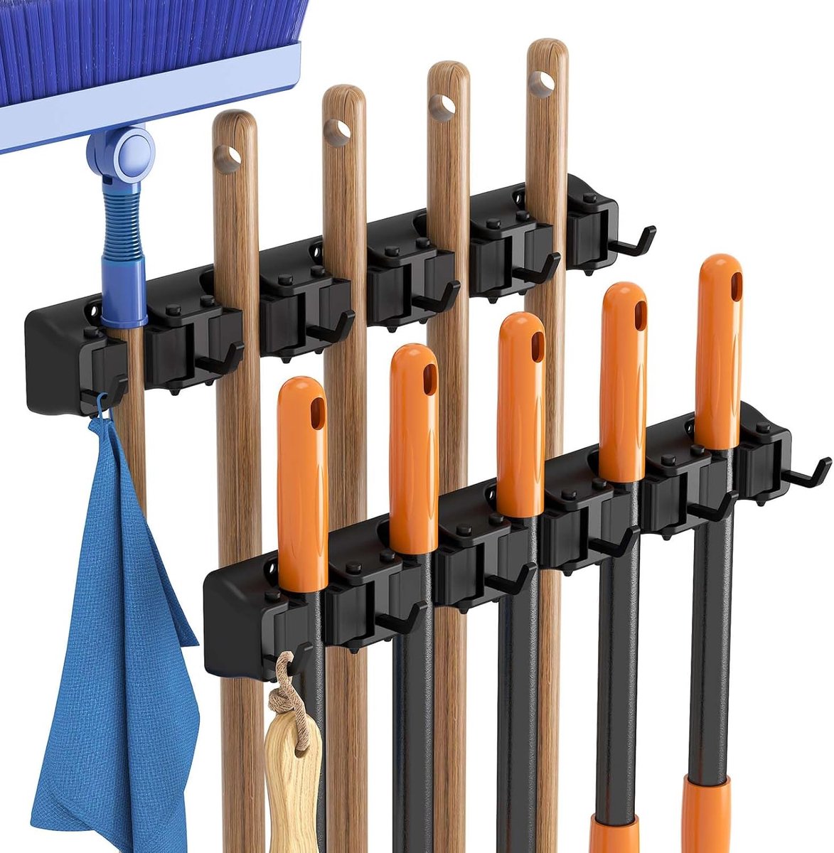 Famanu – Bezemhouder set van 2 – Antislip bezemhanger, robuuste organizer voor zwaardere stelen – Voor garage (zwart)