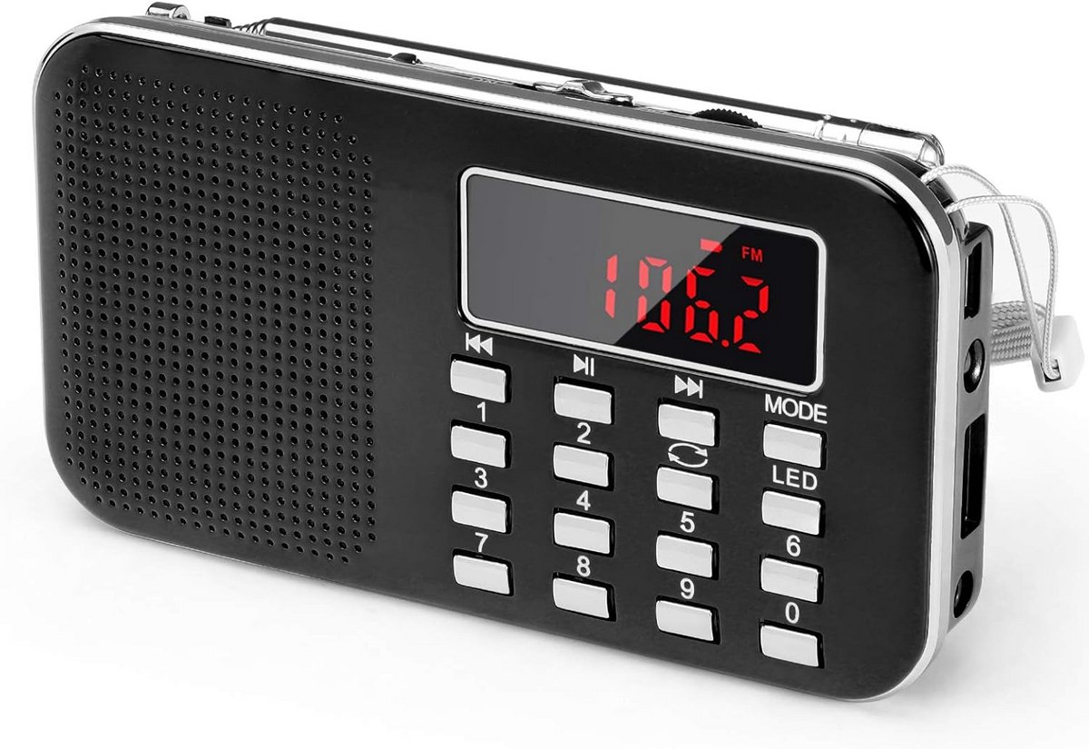 Draagbare AM/FM Radio met Noodverlichting, Oplaadbaar, USB, SD Kaart en AUX Ingang