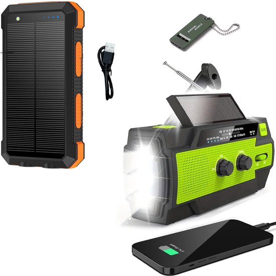 Noodradio Solar Opwindbaar en Batterij - 2026 Editie - Noodpakket - Draagbare Survival Radio - Inclusief 10.000 mAh Solar Powerbank en Noodfluit - Powerbank Zonneenergie - Bouwradio - Zaklamp - Groen