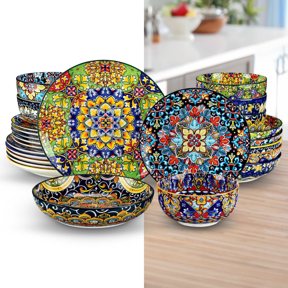 Luxe Serviesset – 24 delig – 6 persoons – Porselein - Bordenset – Dinner platen – Dessertborden - Kommen - Pastabord - Meerkleurig