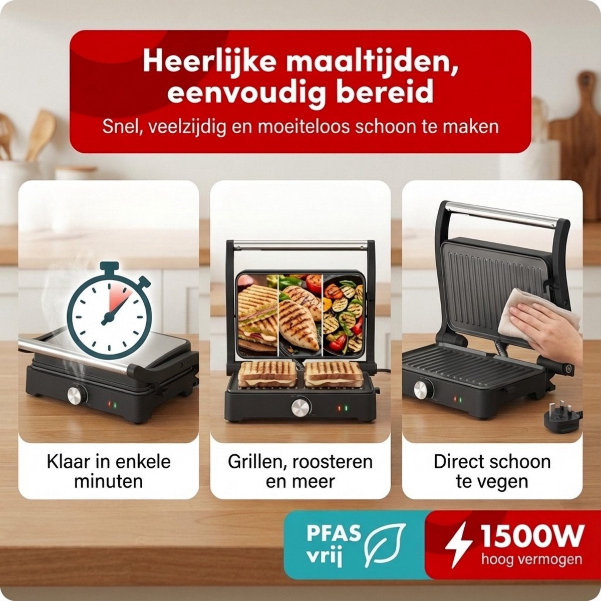 Tomado XXL Tosti apparaat - Instelbare temperatuur - Contactgrill - PFAS vrij - Grill apparaat - Tosti ijzer - 1500W - TGC3001S — cadeau in Kookcadeaus - foto 3