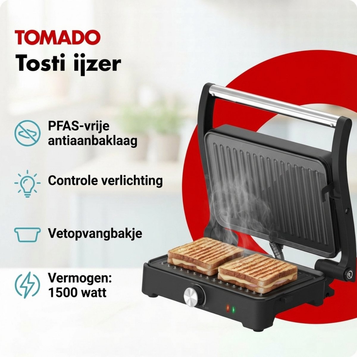 Tomado XXL Tosti apparaat - Instelbare temperatuur - Contactgrill - PFAS vrij - Grill apparaat - Tosti ijzer - 1500W - TGC3001S — cadeau in Kookcadeaus - foto 2
