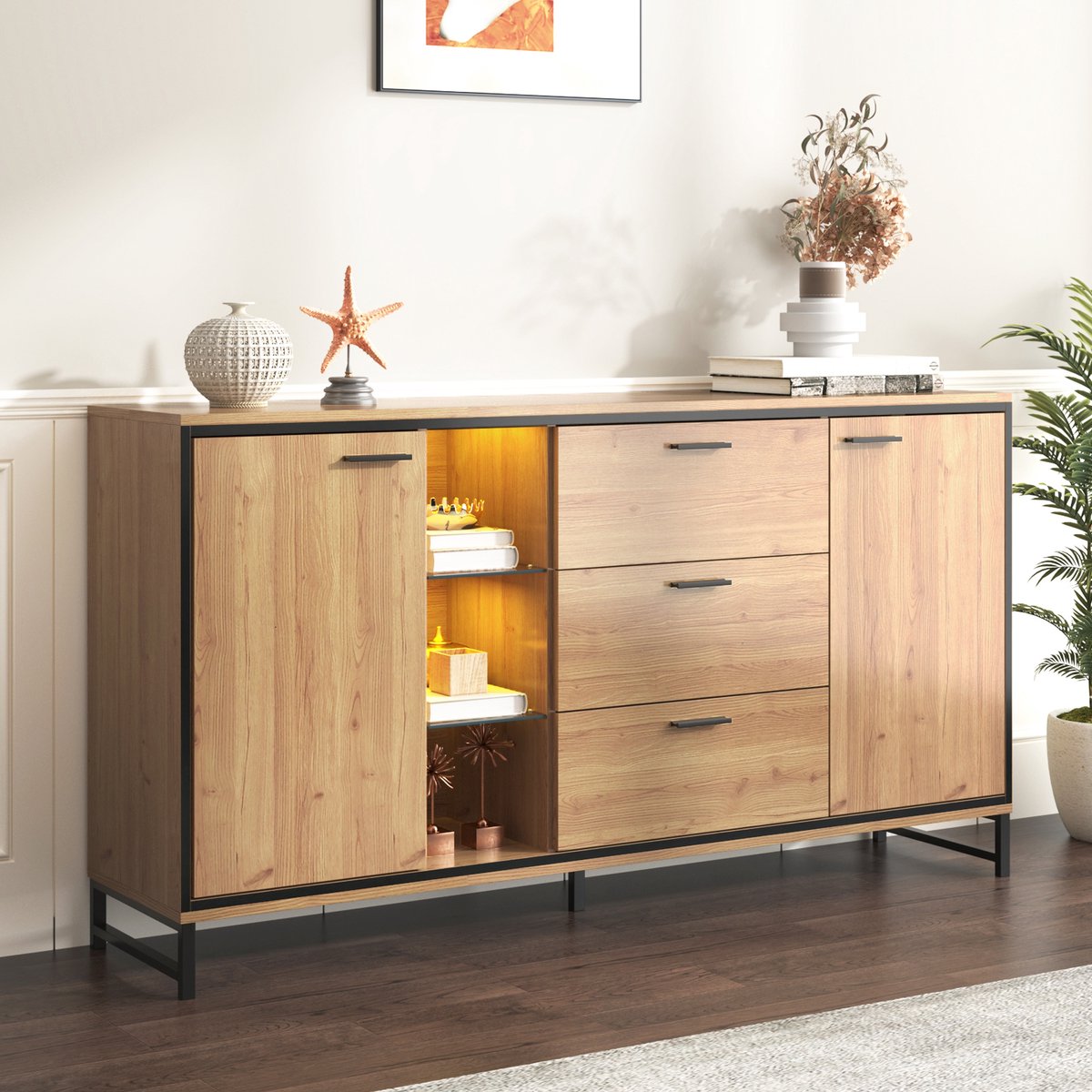 Sideboard - Drie Lades - Exquise Houtnerf - Modern Houtkleurig - Met Opbergvlakken - Stijlvol en Functioneel - Zwart en Houtkleurig