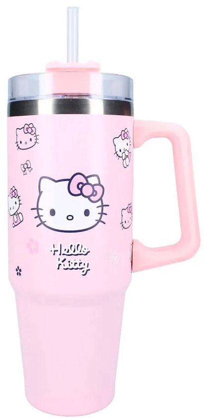 Roze beker met handvat en rietje. Grote Hello Kitty met strik en tekst "Hello Kitty". Meerdere kleine Hello Kitty prints.