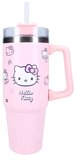 Roze beker met handvat en rietje. Grote Hello Kitty met strik en tekst "Hello Kitty". Meerdere kleine Hello Kitty prints.