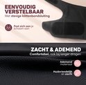Close-up van zwarte buikband met klittenbandsluiting en een afbeelding van ademend, huidvriendelijk materiaal.
