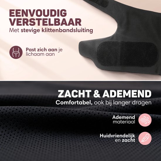 Close-up van zwarte buikband met klittenbandsluiting en een afbeelding van ademend, huidvriendelijk materiaal.
