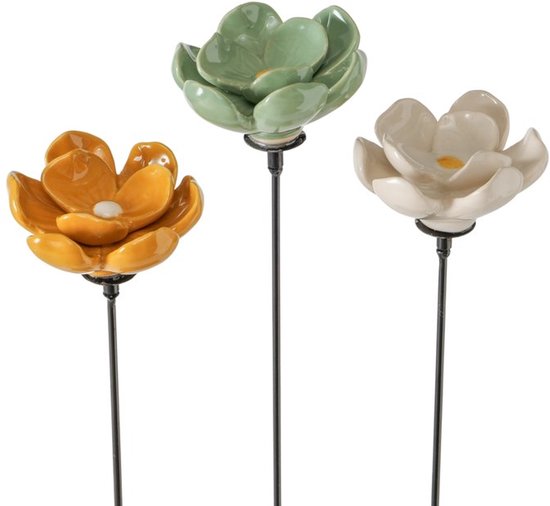 Boltze - Piquets de jardin - Fleurs - Set de 3 - Céramique - 62,5 cm de haut - Vert, Blanc, Jaune
