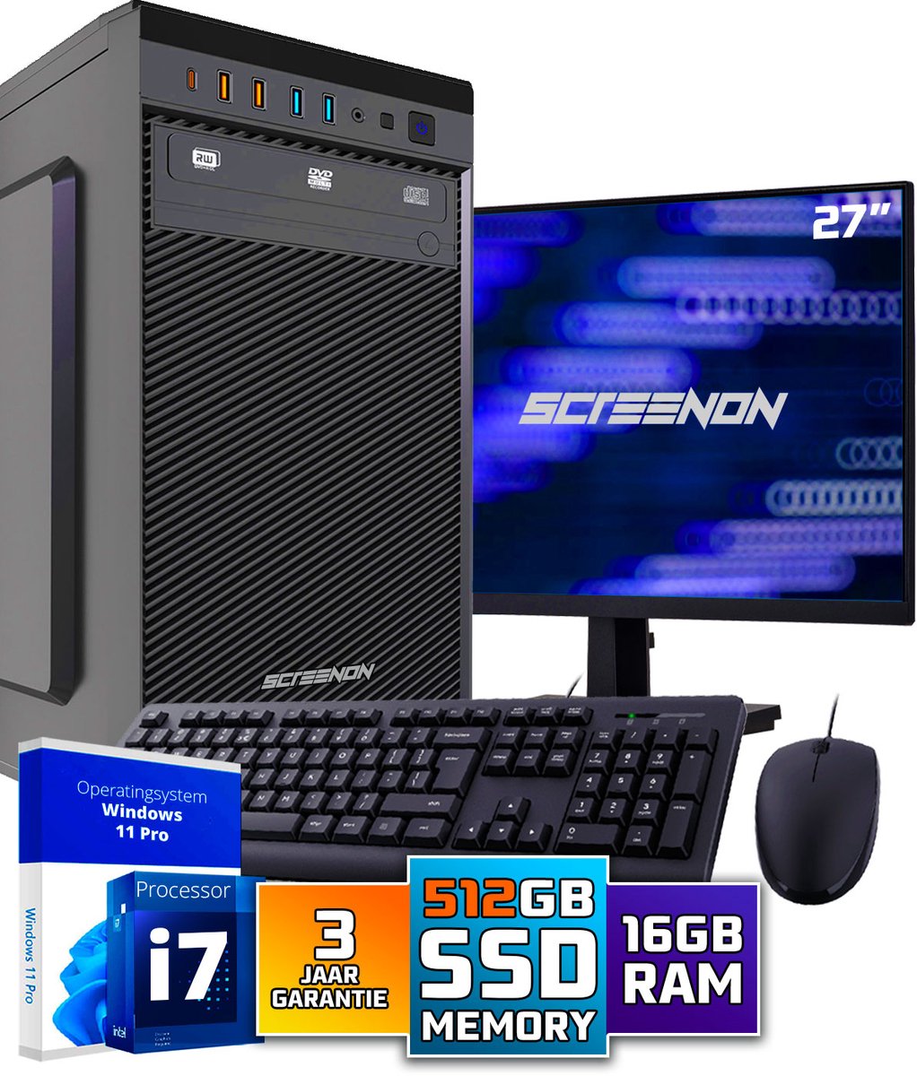 Intel Compleet PC SET | Intel Core i7 | 16 GB DDR4 | 512 GB SSD + 27 Inch Monitor + Muis + Toetsenbord | Windows 11 Pro + WiFi & Bluetooth
