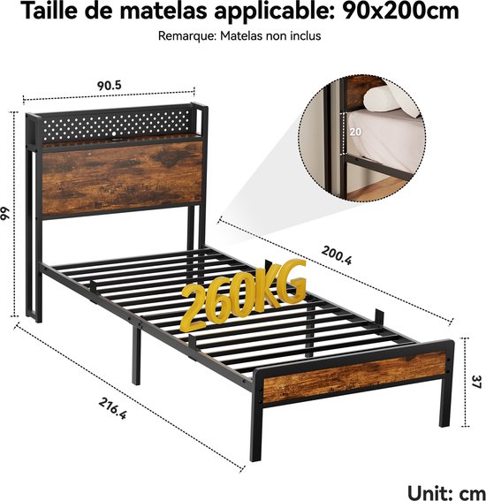 Auralum MAX Lit Métallique 90x200 cm - Lit Une Personne - Met Lattenbodem - Cadre de Lit avec Éclairage Led - Met Stopcontacten - USB -Type C - Montage Facile - Pour 1 personne